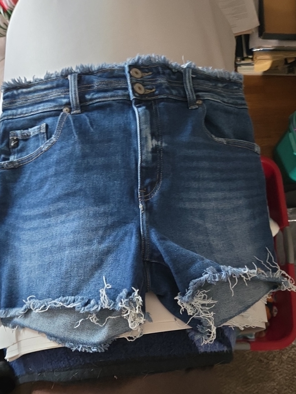KanCan Double-Button Distressed Denim Shorts - Blue